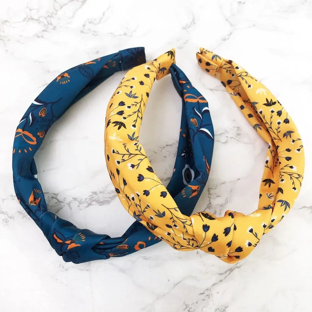 NWOT Headbands of Hope Blue & Yellow Knotted Satin Floral Headbands, Set of 2
